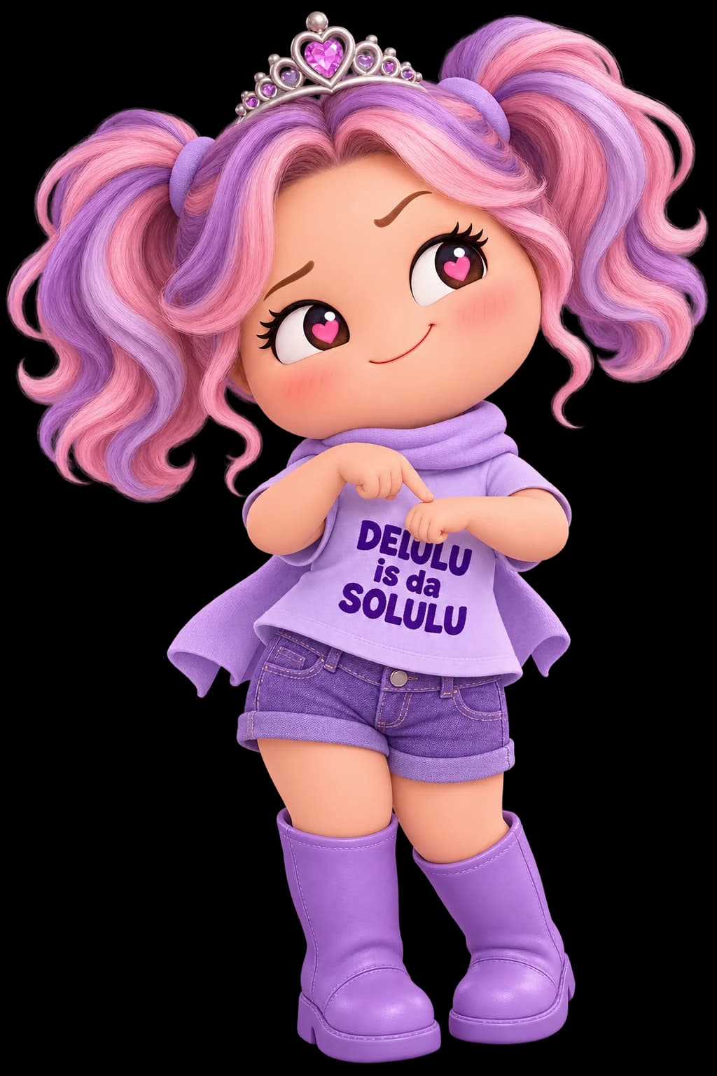 Delulu character design in the village’s shared lilac palette.