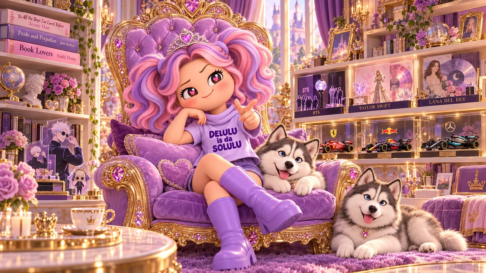 Delulu in an extravagant lavender collector’s throne room.