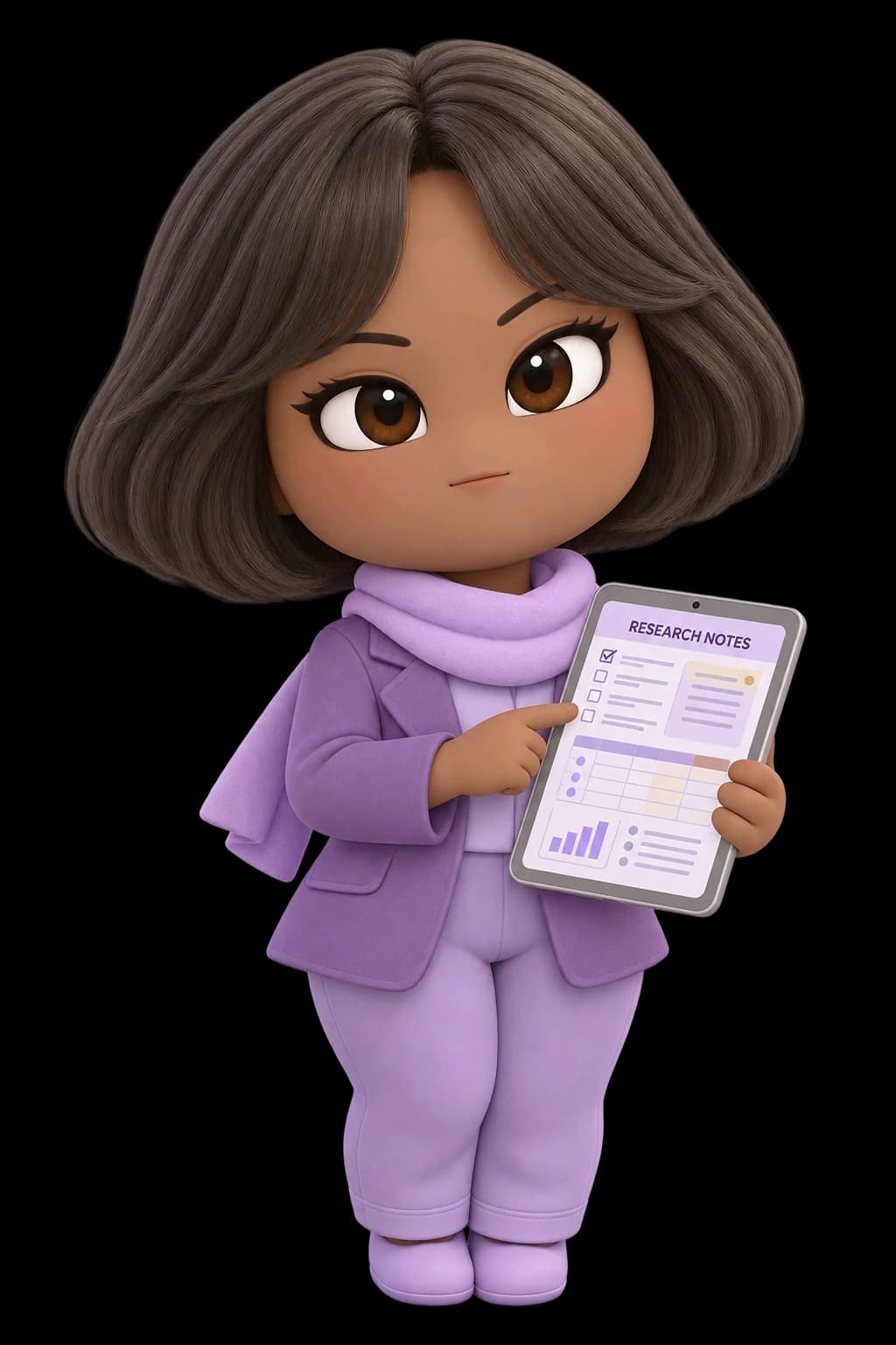 deTECHtive character design in lilac, holding investigation notes.