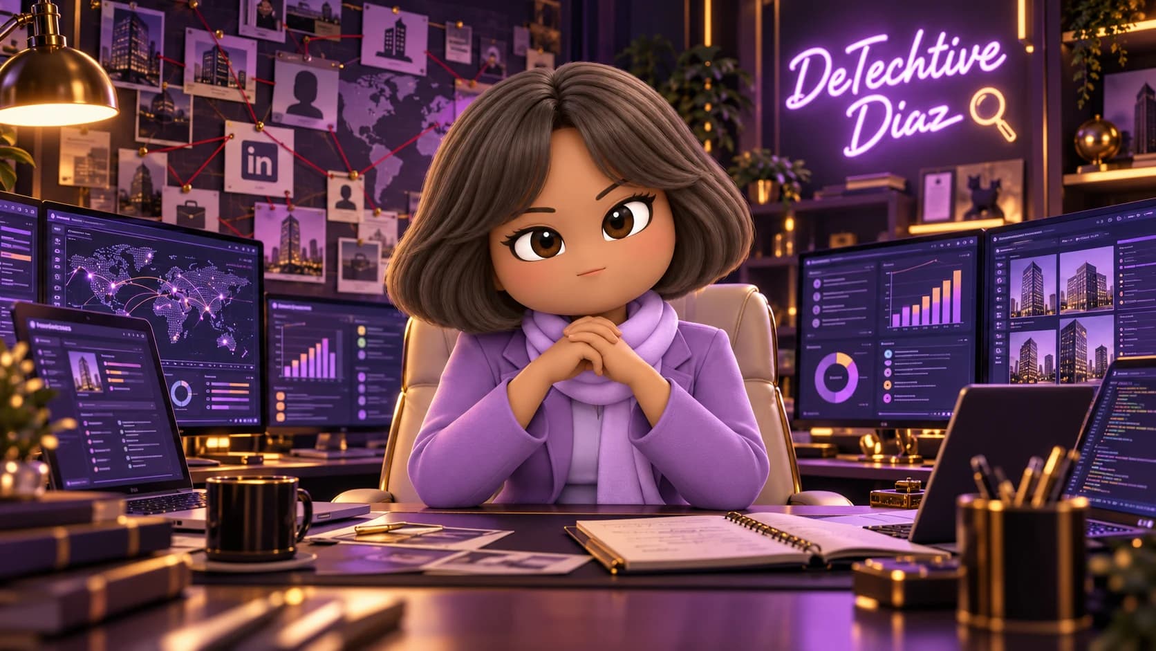 deTECHtive at a desk in a neon-lit investigation hub, with evidence boards and screens.