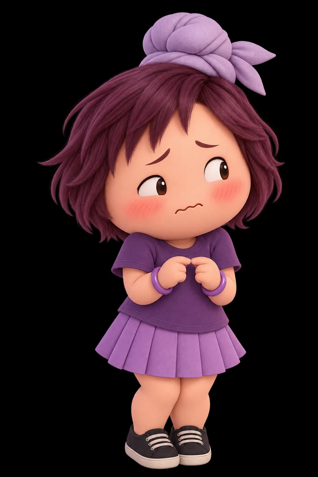 Embarrassment character design in the village’s shared lilac palette.