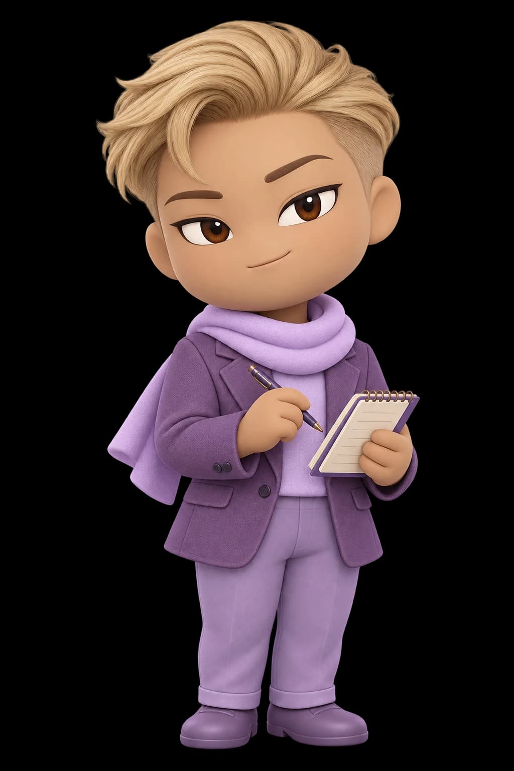 Psychoanalyst character design in the village’s shared lilac palette.