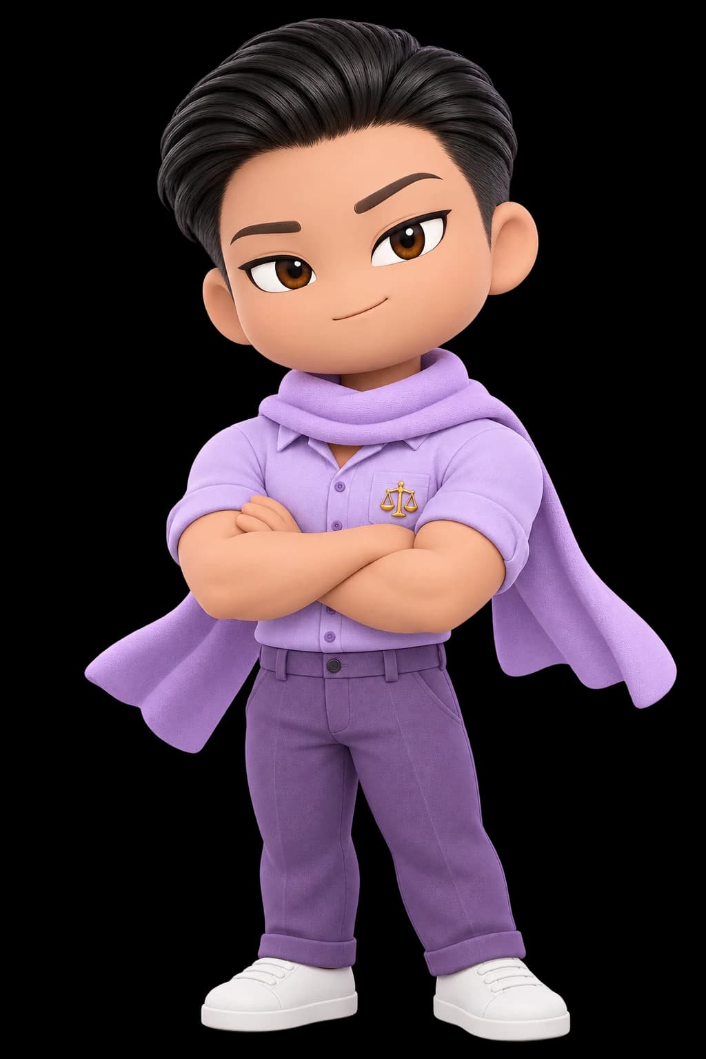 Rational in a lilac suit and scarf, with folded arms and a scales pendant.