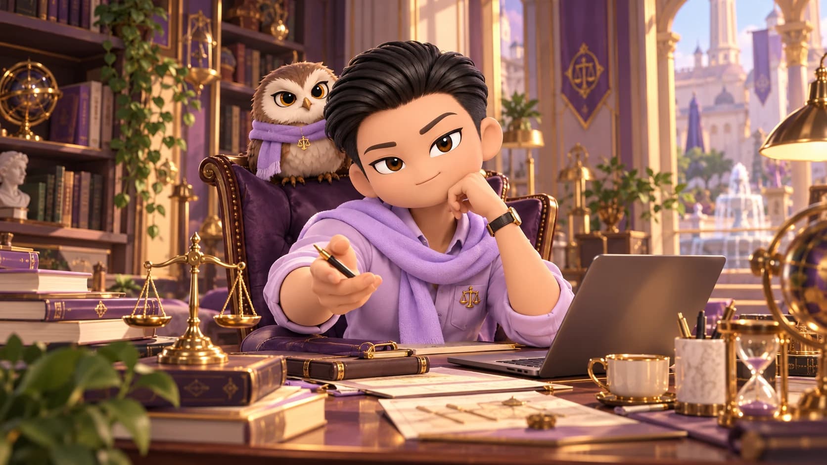 Rational and an owl in a warm scholarly study, surrounded by books, notes, and scales.