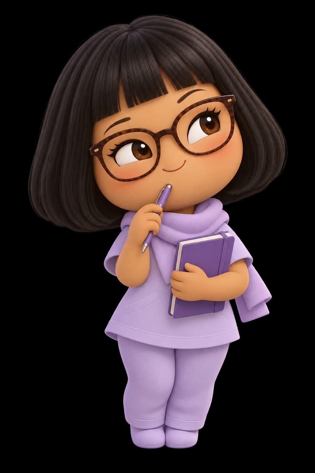 Writer-Philosopher character design in the village’s shared lilac palette.