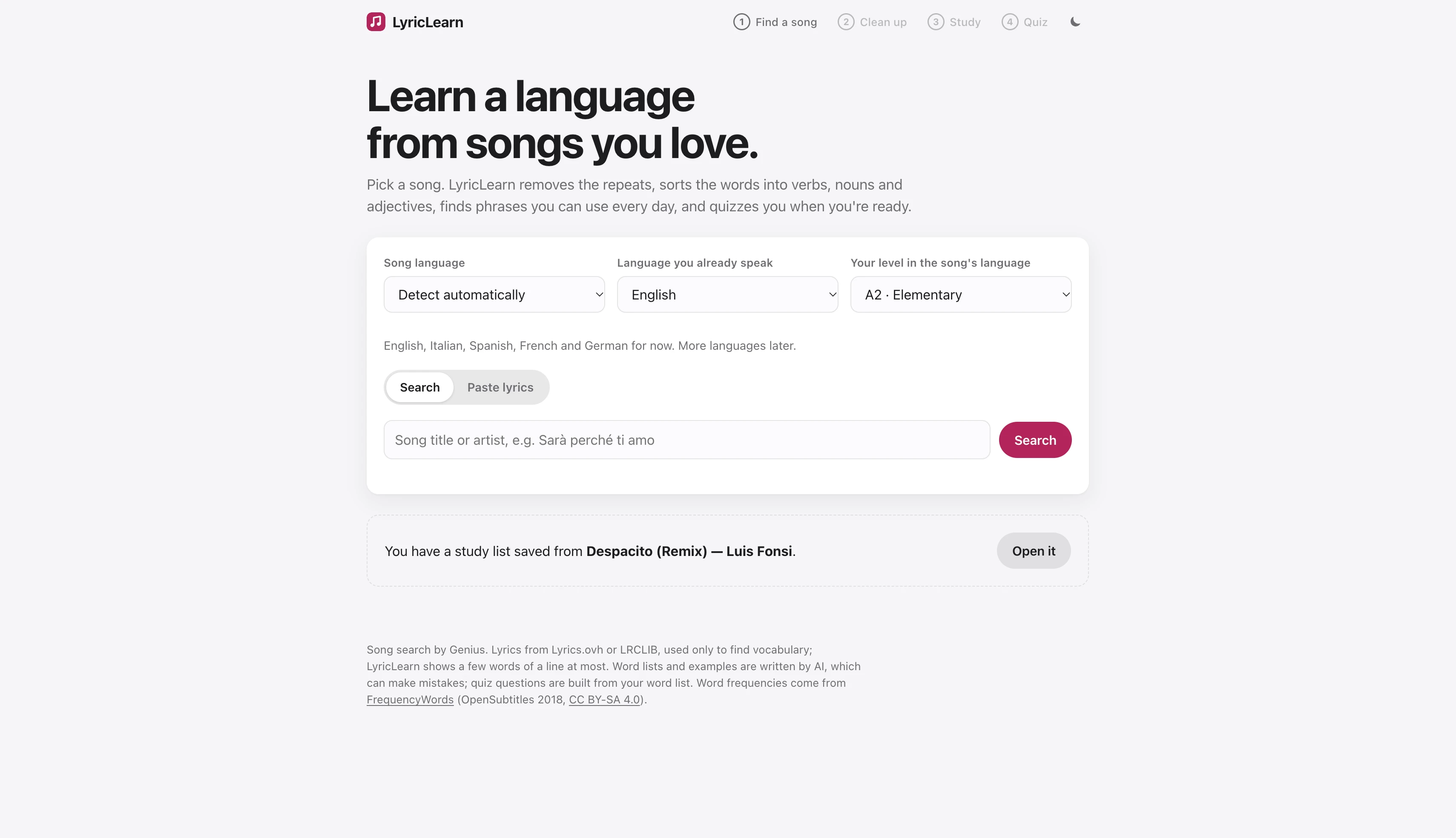 Early LyricLearn search page with song language, learner language, and proficiency selectors above the search field.