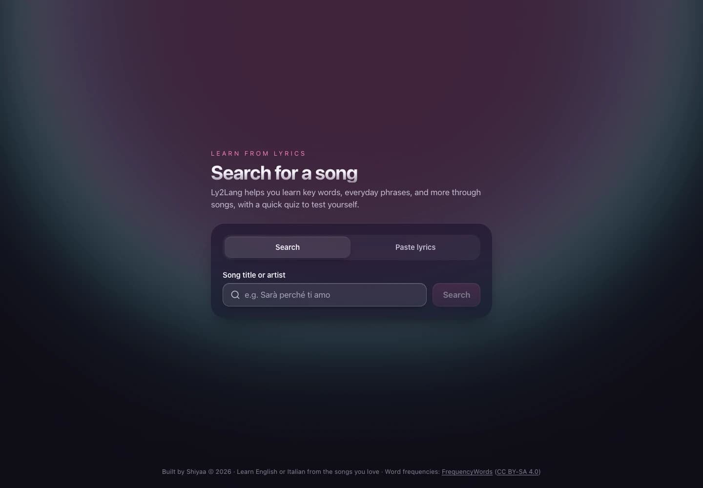 Current Ly2Lang search page centred on a song search field and a paste-lyrics alternative.
