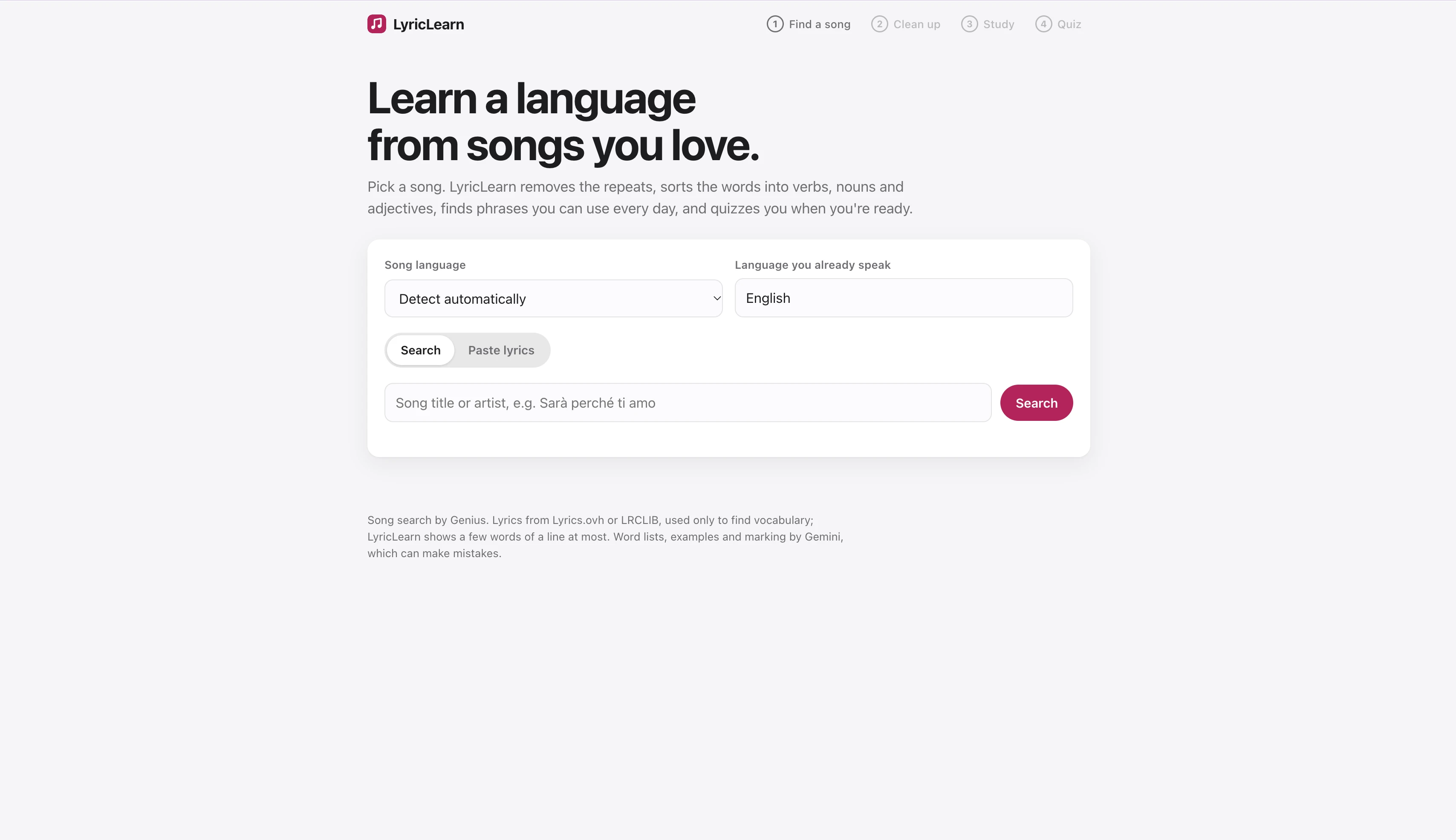 17 October LyricLearn search screen with two language fields and a search-or-paste choice.