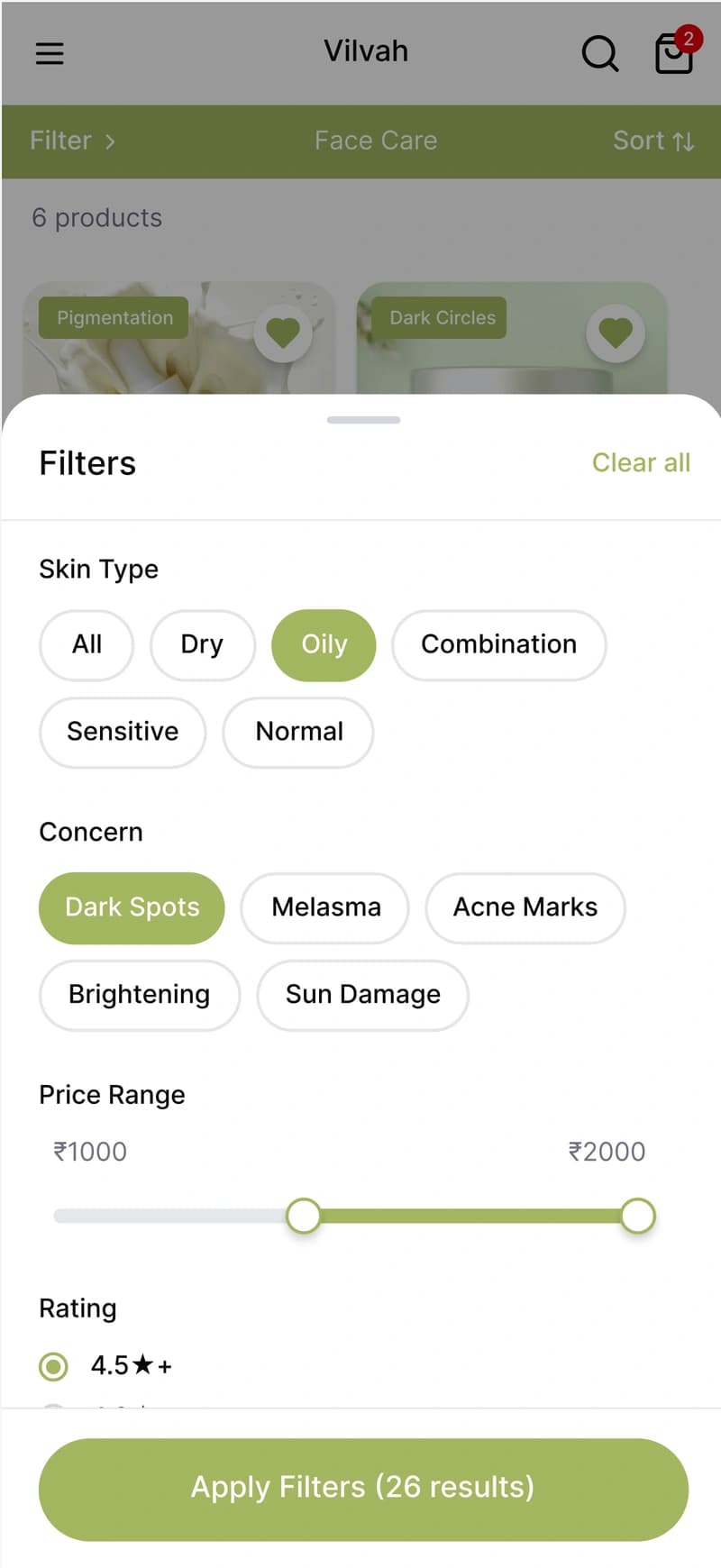 Filters for skin type and concern