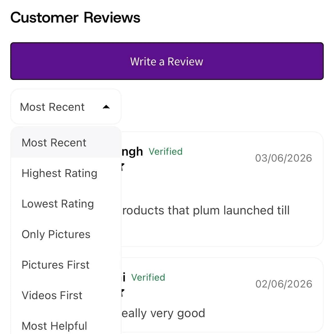 Plum · Review filters and sorting