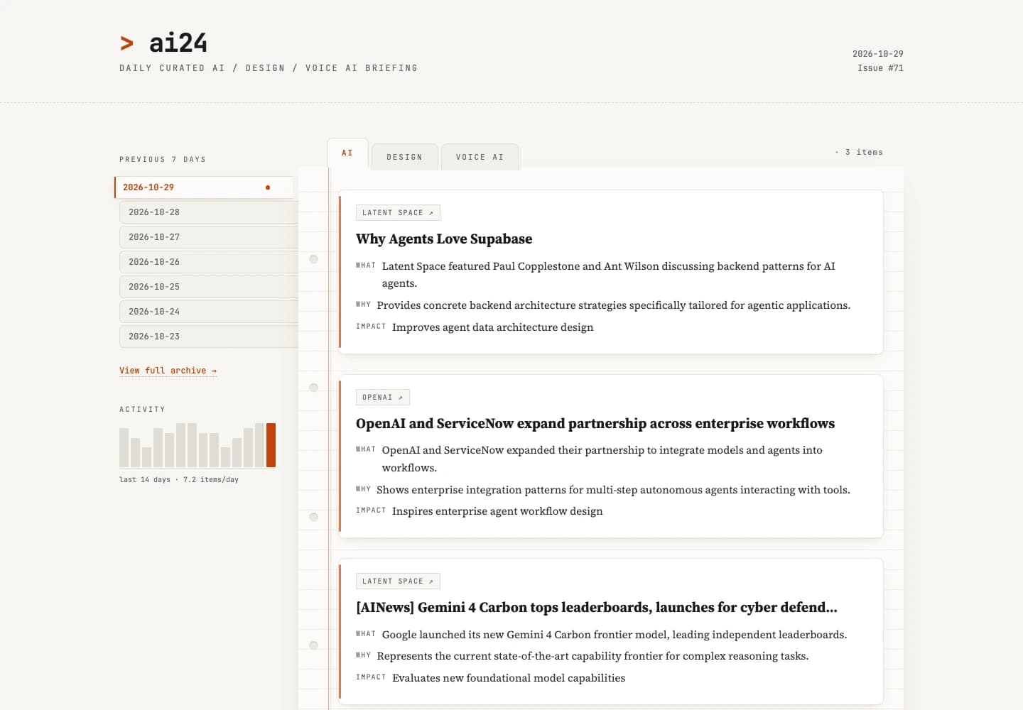 AI24’s current interface, with AI, Design, and Voice AI tabs, linked summaries, and a dated archive.