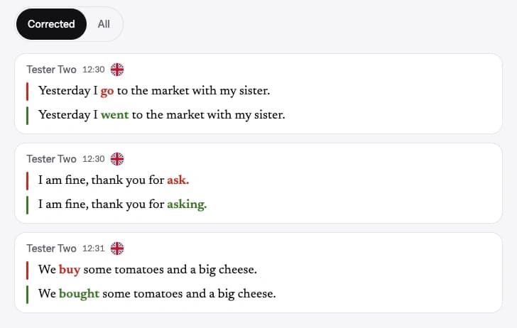 Lingua Log’s corrected-only view with three sample English sentences, each retaining the original above a partner’s correction with changed words highlighted.