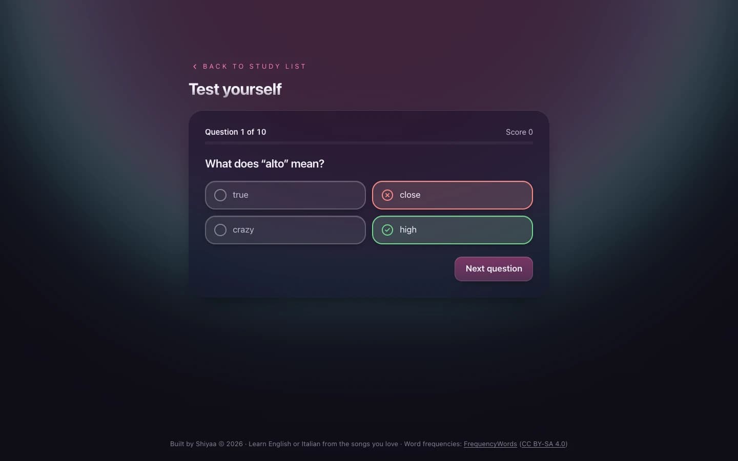 Current quiz showing a selected incorrect answer and the correct answer with distinct icons and colours.