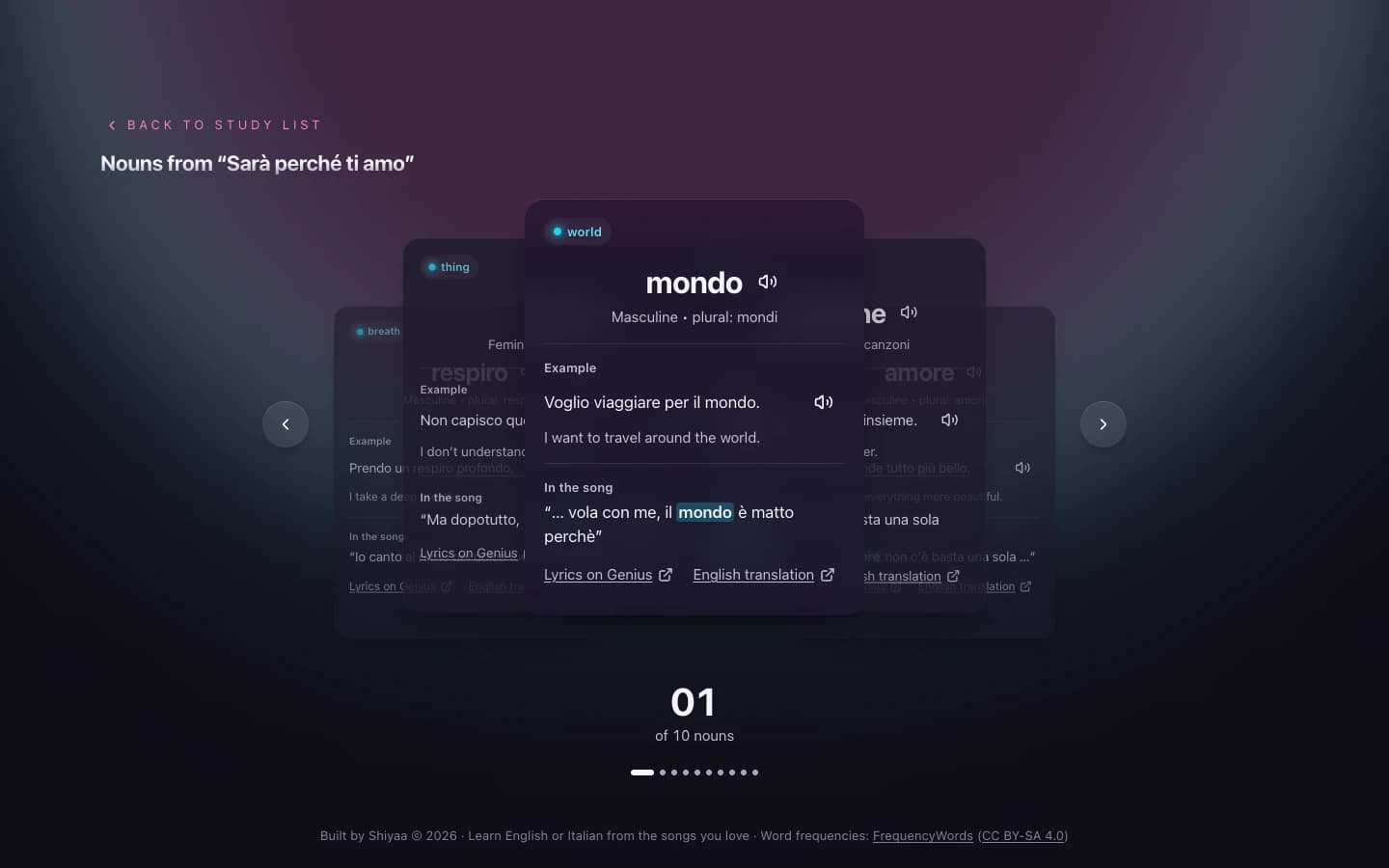 Ly2Lang’s current vocabulary interface, with a central learning card showing meaning, grammar, example, and song context.
